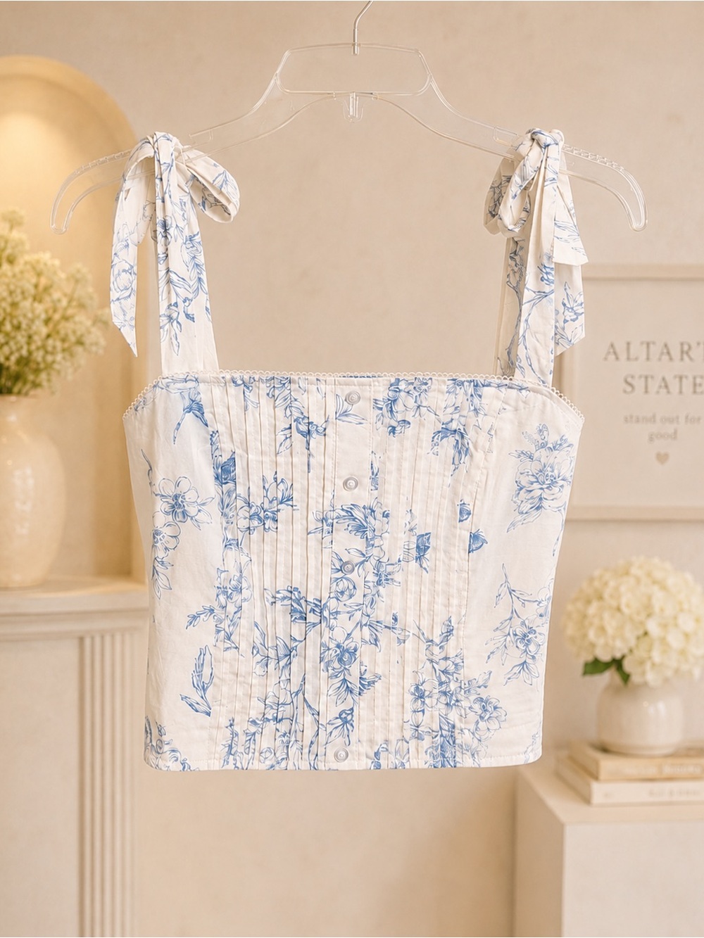 Altar’d State Blue White Floral Toile Corset Crop Top Tie Straps NWT Size M